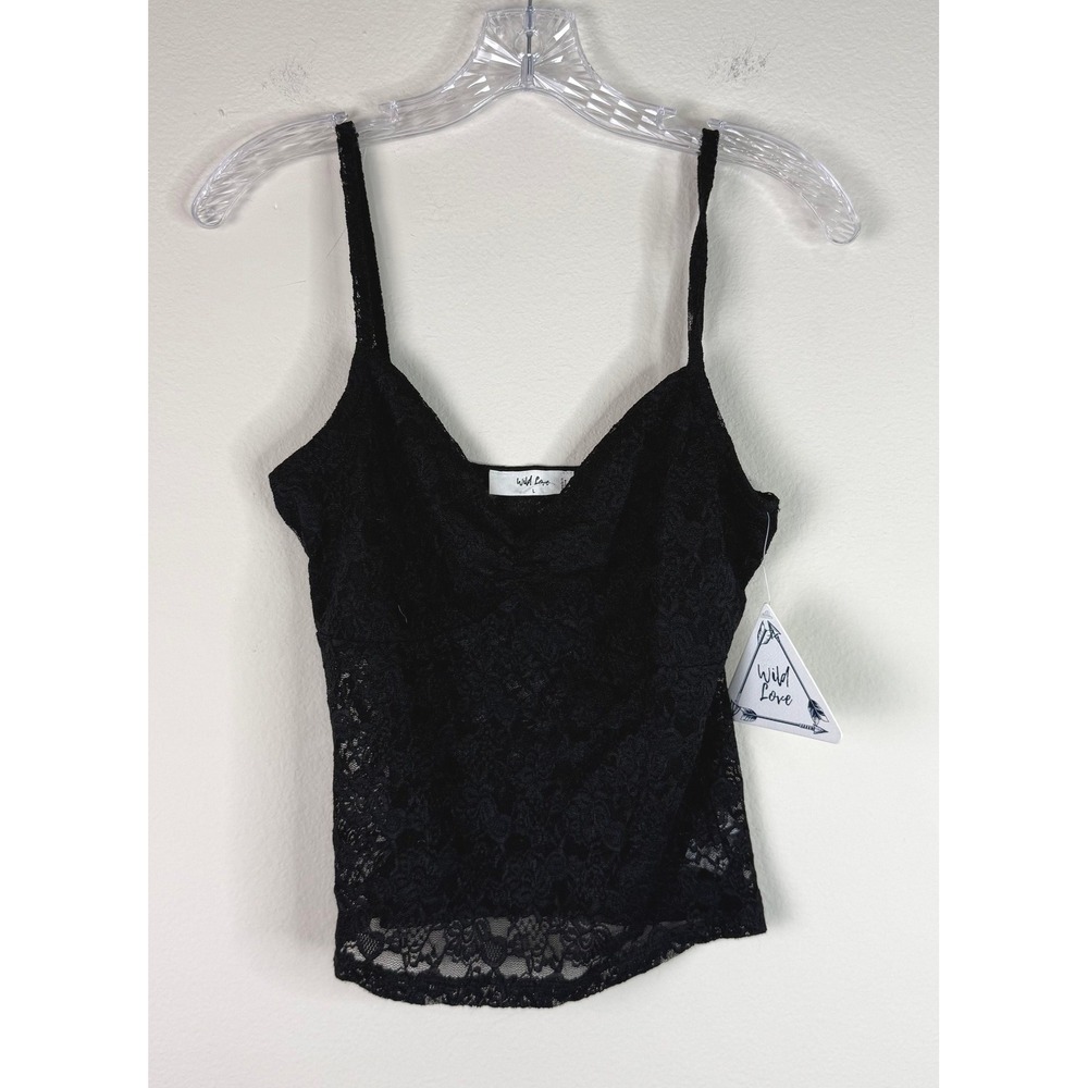Wild Love Cami Top Women Large Black Lace Floral V-Neck Spaghetti Strap FK12354